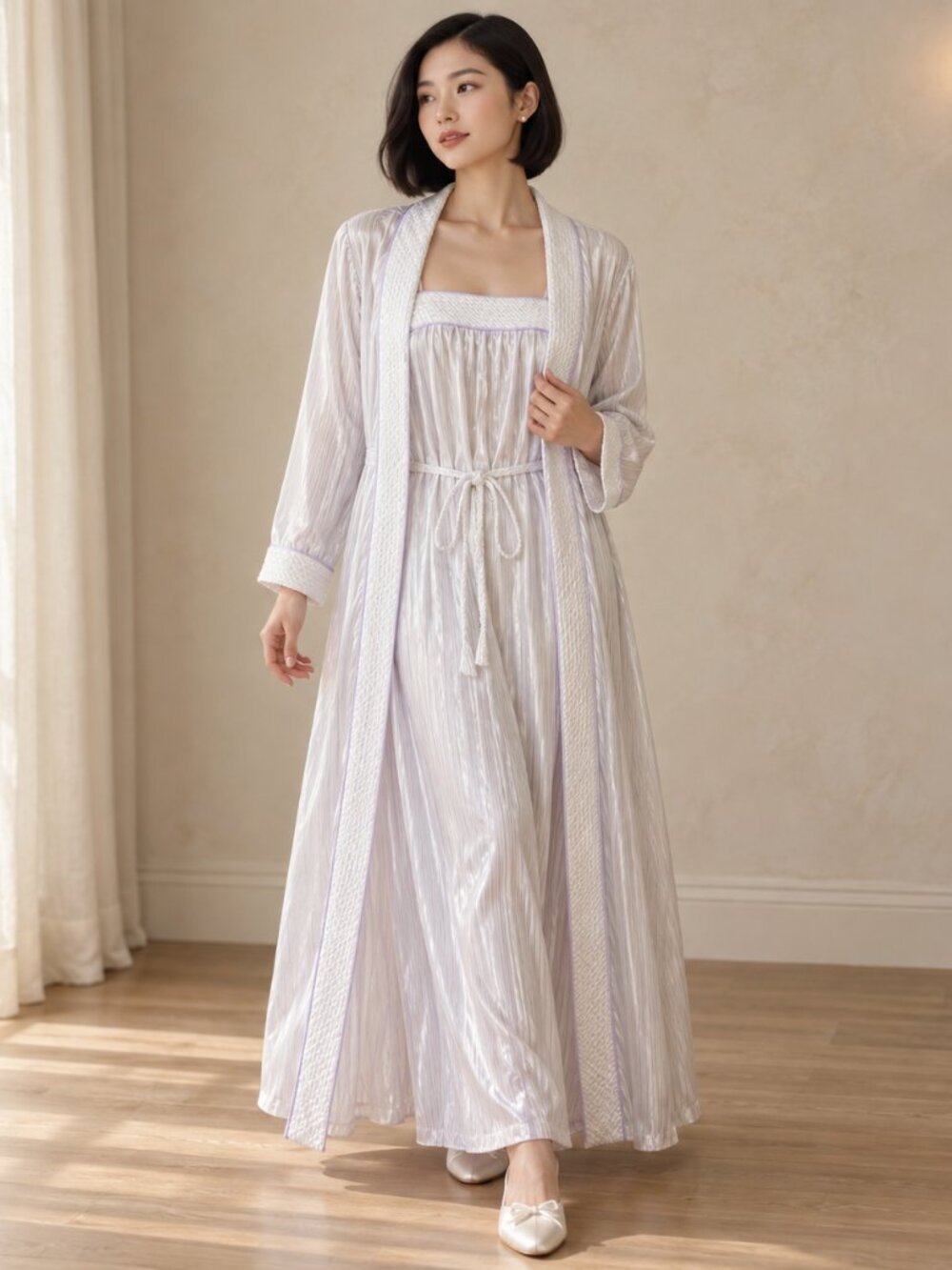 Vintage Dominique M White Lilac striped Peignoir Long Robe and Nightgown Set 80s